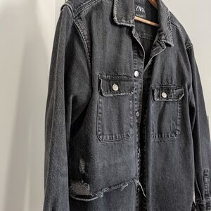 Zara Black Acid Distressed Denim Jacket - Size Large